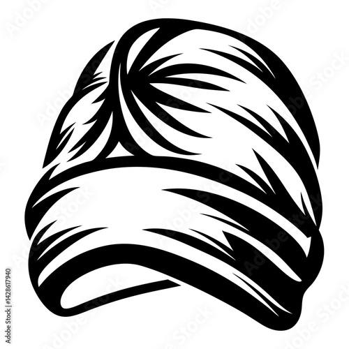 Stylized black and white image of a turban or headwrap with lines