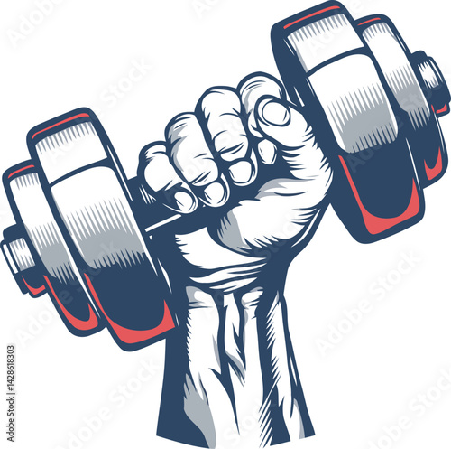 A vector illustration shows a hand holding a black dumbbell, unlike a microphone or studio equipment