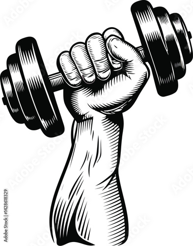 A 3d man in a gym is lifting a heavy metal dumbbell for fitness, strength training, and bodybuilding workout