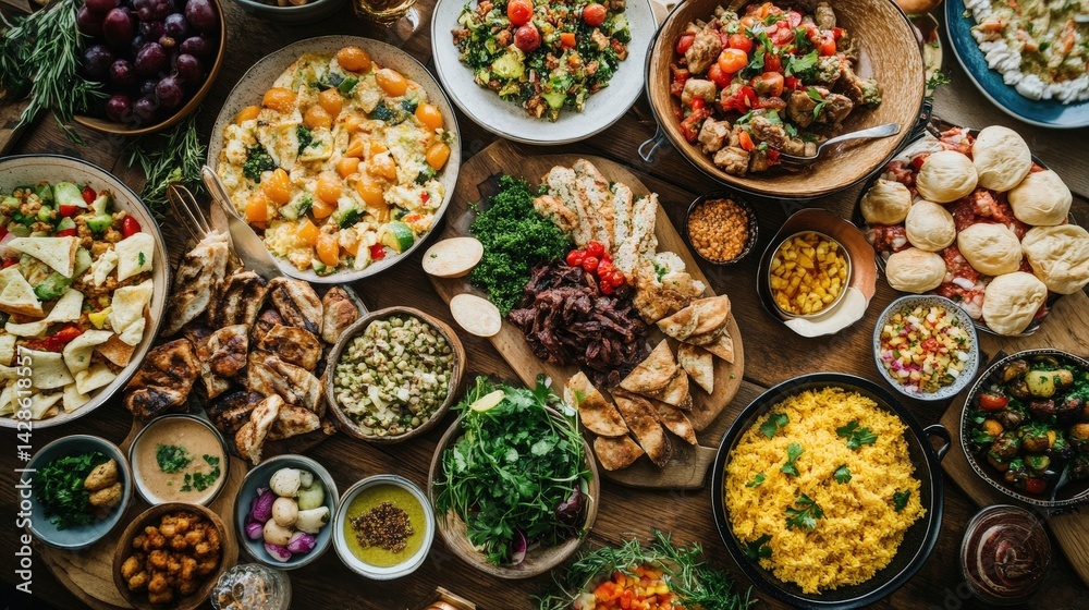 A festive buffet table filled with a variety of international dishes, representing flavors from different cultures A festive buffet table filled with a variety of international dishes, representing flavors from different cultures