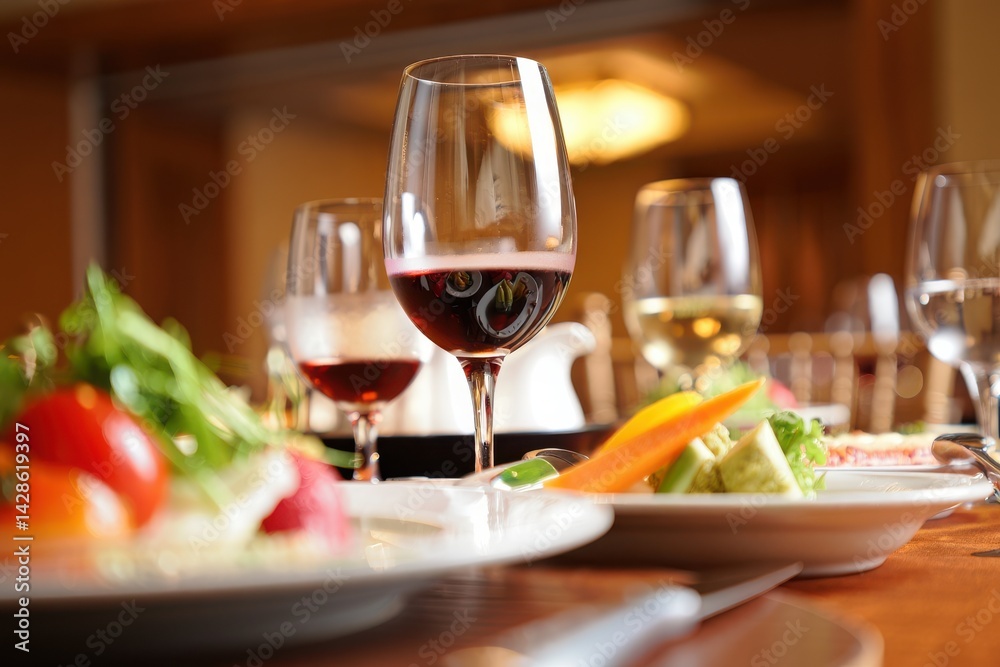 Closeup, glass and wine on table at dinner, restaurant or house for celebration, holiday or party. Red wine, alcohol and vegetables in dining room for thanksgiving, Christmas or fine dining in home