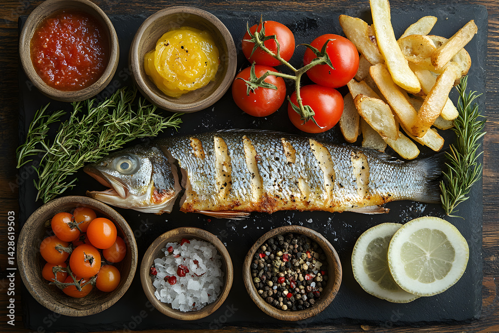 Fish and Chips styled on rustic black stone table with side ingredients
