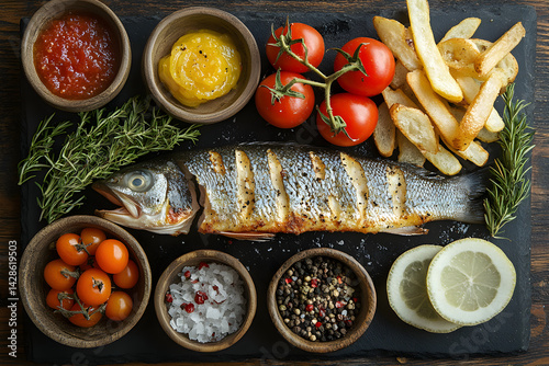 Obraz na płótnie Fish and Chips styled on rustic black stone table with side ingredients w salonie