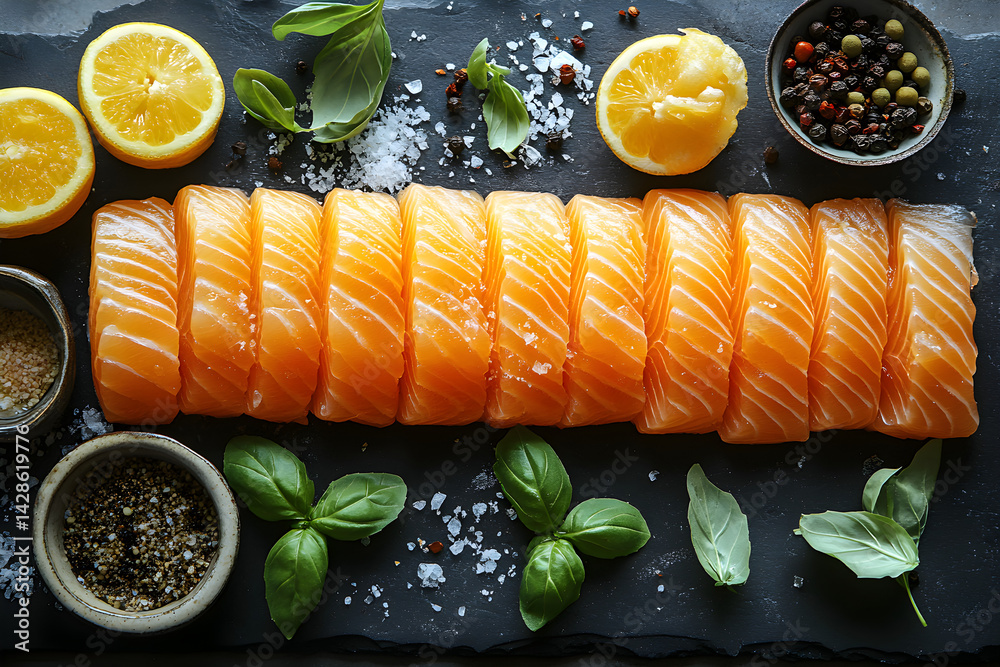 Fish and Chips styled on rustic black stone table with side ingredients