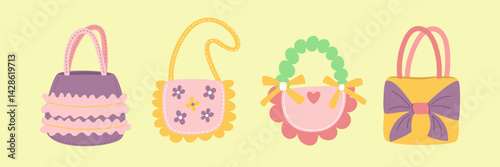 Vector illustration of cute colorful girly handbags. Decorative pastel purses with bows, ruffles, and floral elements in flat cartoon style. Fashion accessories for girls and kids. 