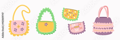 Colorful girly handbags vector illustration. Decorative pastel purses with bows, ruffles, and floral elements in flat cartoon style. Fashion accessories for girls and kids.