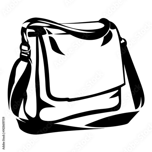 Bold black and white illustration of a messenger bag with shoulder strap