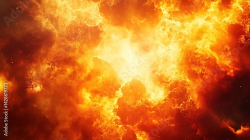 A fiery explosion background with blazing orange and red flames, smoke rising, and intense dramatic lighting