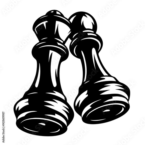 Two abstract chess queens in a monochrome black and white illustration