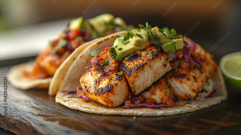 Fish tacos with slaw, avocado, and spicy sauce on a taco shell