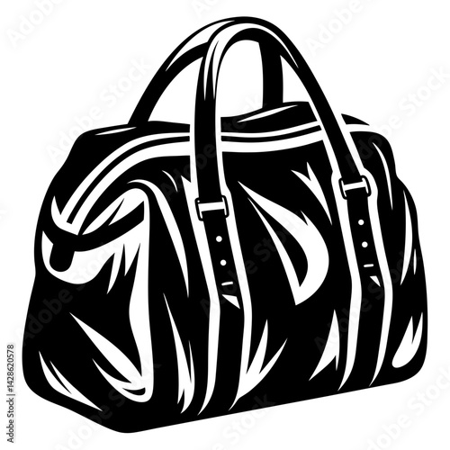 Bold black and white duffel bag illustration with adjustable straps and handles