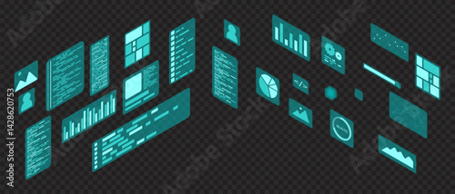 Isometric user interface elements. Infographic charts. Data visualization. Futuristic interface hologram elements. Isometric technology