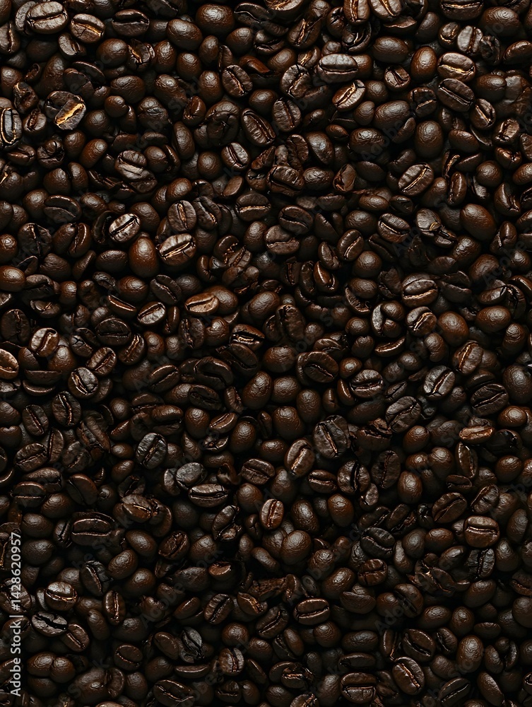 Fototapeta premium Roasted coffee beans background. Rich, dark brown coffee beans texture, perfect for cafe menus, websites, or packaging.