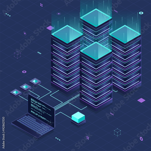 Database servers. Server room data center. Hosting server isometric. Isometric technology. Vector isometric illustration