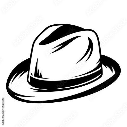 Monochrome depiction of a classic fedora hat with detailed line work
