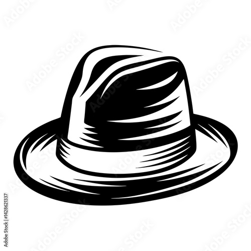 Monochrome illustration of a classic fedora hat with stylized black lines
