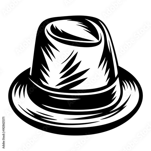 Bold, iconic black and white illustration of a vintage fedora hat