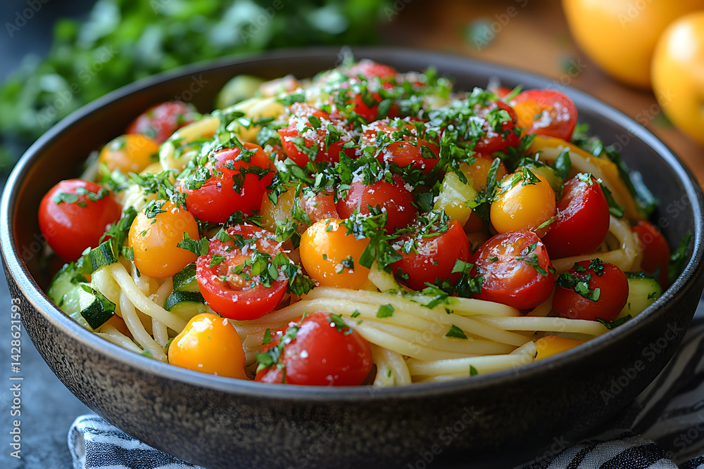 Fresh pasta primavera with bell peppers, zucchini, and cherry tomatoes