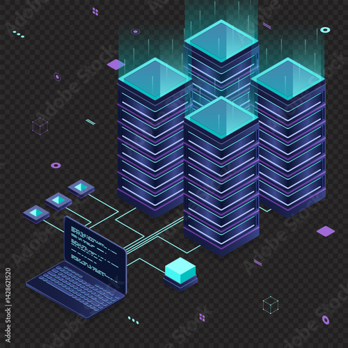 Database servers. Server room data center. Hosting server isometric. Isometric technology. Vector isometric illustration