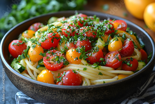 Obraz na płótnie Fresh pasta primavera with bell peppers, zucchini, and cherry tomatoes w salonie