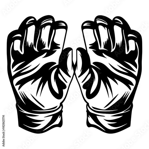 Two clenched fists in gloves pointing inward in black and white graphic