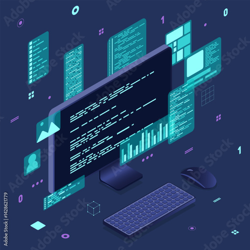 Computer technology isometric illustration. Desktop computer platforms. Software programming coding concept. Code with computer monitor. Isometric technology