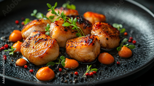 Obraz na płótnie Fried Chicken served on dark grey textured plate with fresh garnish top view w salonie