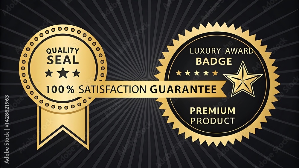 Fototapeta premium Gold badges, luxury product seals, satisfaction guarantee emblems