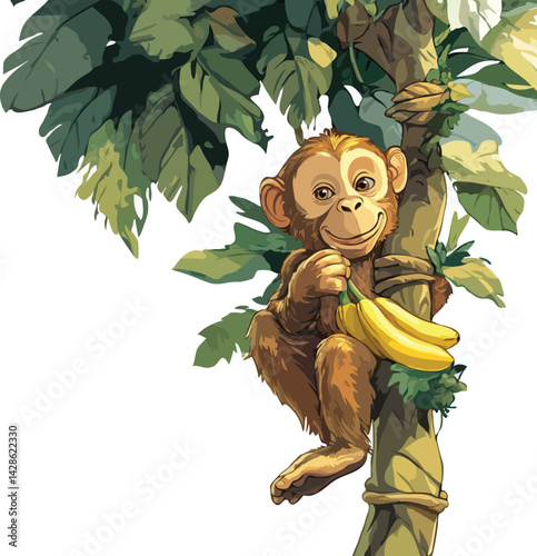 The beautiful monkey is playing with bananas.
