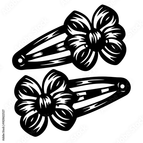 Two vintage style floral hair clips in black and white illustration