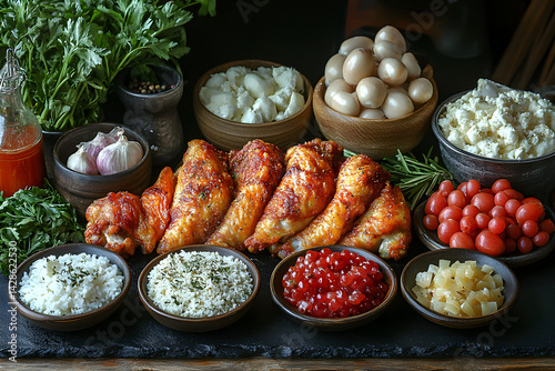 Obraz na płótnie Fried Chicken styled on rustic black stone table with side ingredients w salonie