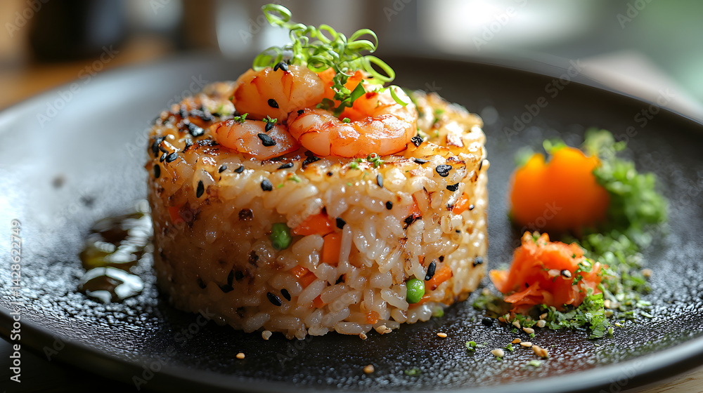 Fried Rice presented on a black textured surface with elegant side garnishing
