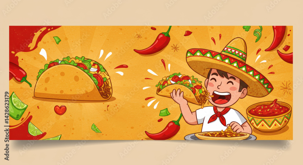 Fototapeta premium boy in sombrero happily eating taco with Mexican food elements on yellow and red background. Traditional cuisine celebration. cultural events and festive menu. Cinco de Mayo festivities, family dining