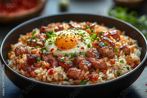 Obraz na płótnie Fried Rice styled on dark grey background with clean plating and props w salonie
