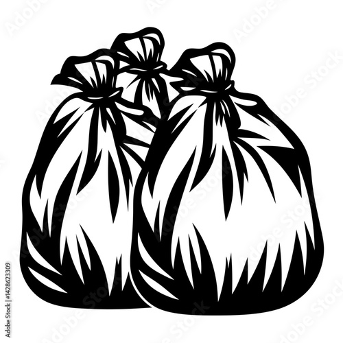 Three tied garbage bags in black and white vector illustration art