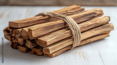 Aromatic Palo Santo Wood Sticks Bundle Tied with Twine on White Textured Wood Surface