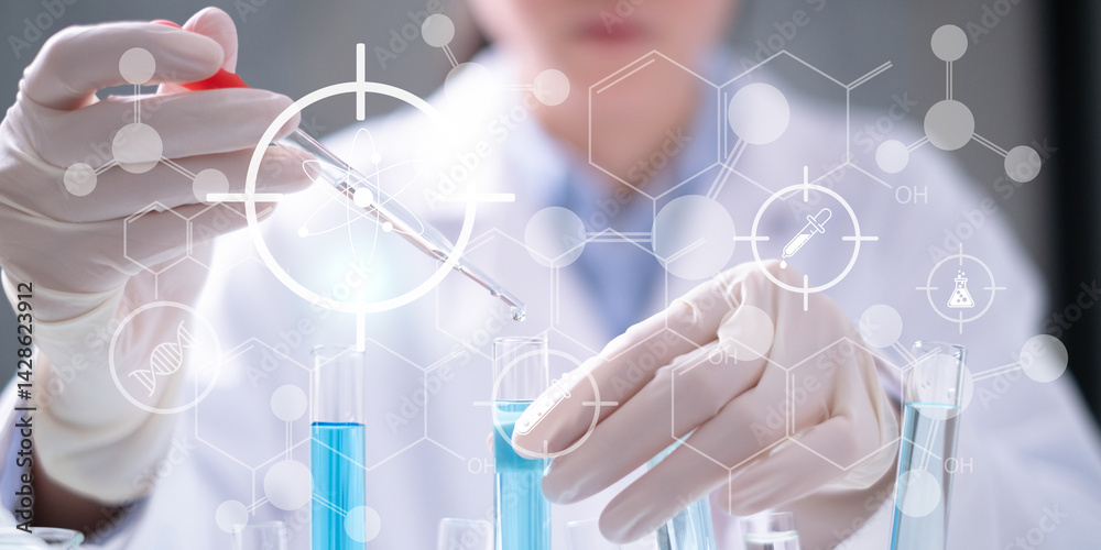 Close-up scientist drop pipette blue liquid test tube science research biology chemistry chemical experiment microscope virus flask dna biohazard Close-up scientist drop pipette blue liquid test tube science research biology chemistry chemical experiment microscope virus flask dna biohazard