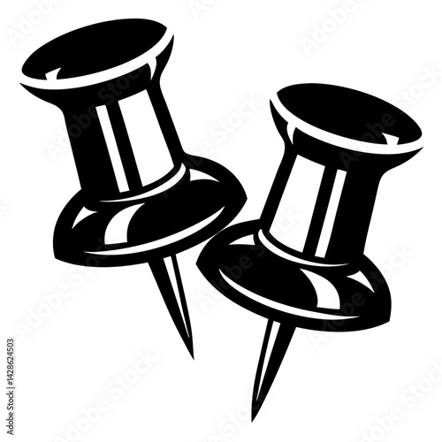 Two stylized black push pins in vector design, ready for use