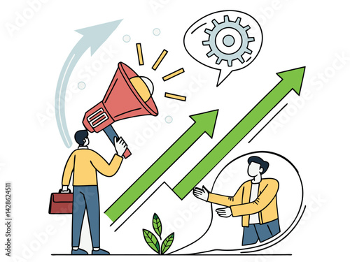 Illustration of business marketing and communication strategy. Shows people with megaphone, upward arrows, and speech bubble, symbolizing growth and teamwork.