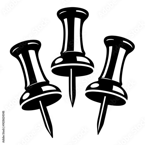 Monochrome depiction of three push pins or thumbtacks with rounded heads
