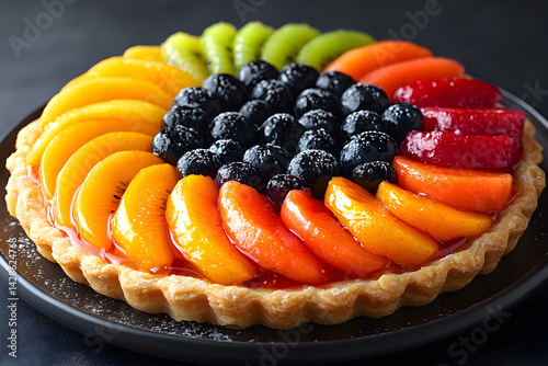Fruit Tart styled on dark grey background with clean plating and props