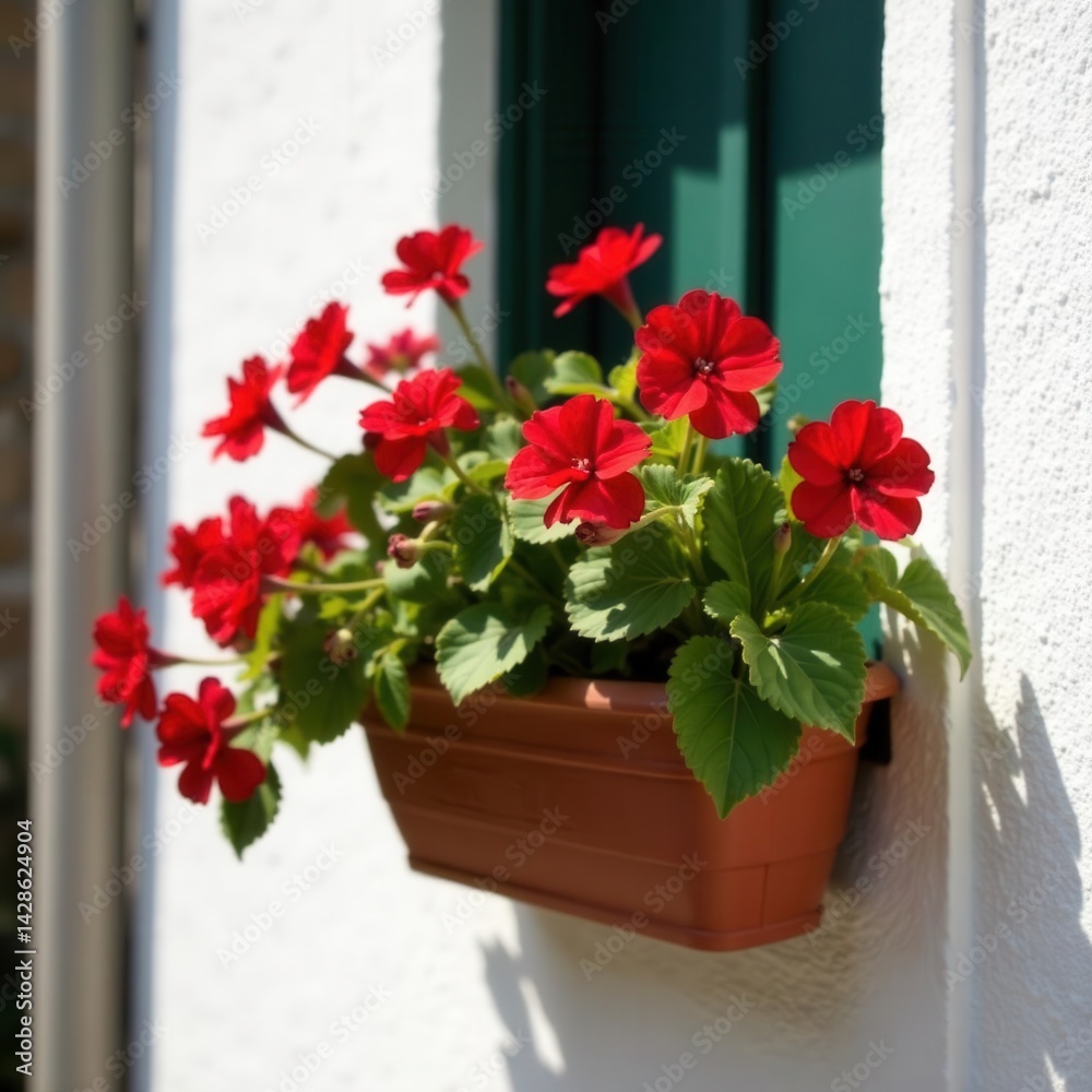 Fototapeta premium Vibrant red geraniums overflowing from a terracotta hanging basket against a whitewashed wall , decoration, image