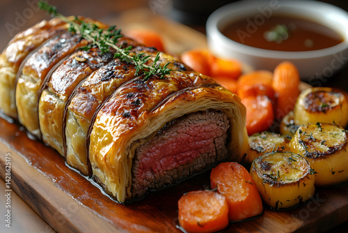 Obraz na płótnie Full Beef Wellington served with sides of roasted vegetables and gravy w salonie