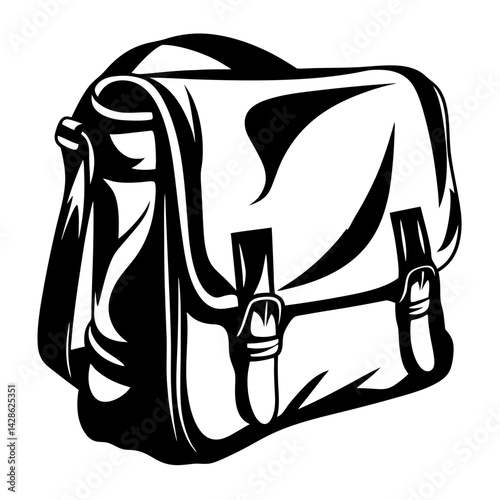 Monochrome illustration of a stylish satchel bag with adjustable straps and buckles