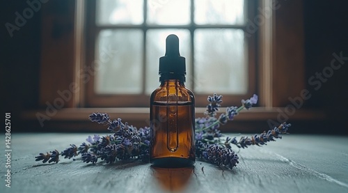 Amber bottle with essential oil & lavender flowers on a wooden table in front of a window