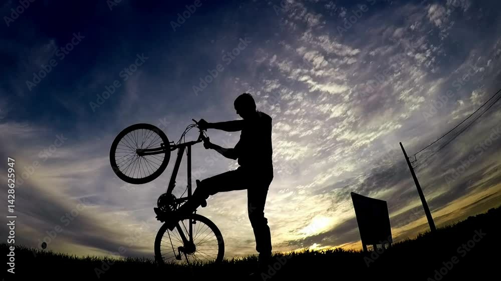 silhueta de homem com bicicleta no pôr do sol 