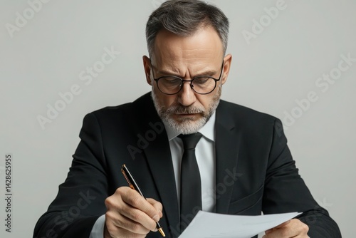 Portrait of a confident banker on a white background holding a pen and signing documents.