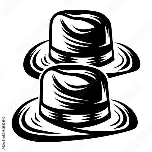 Two Stylized Black and White Fedora Hats with Shadow Accents