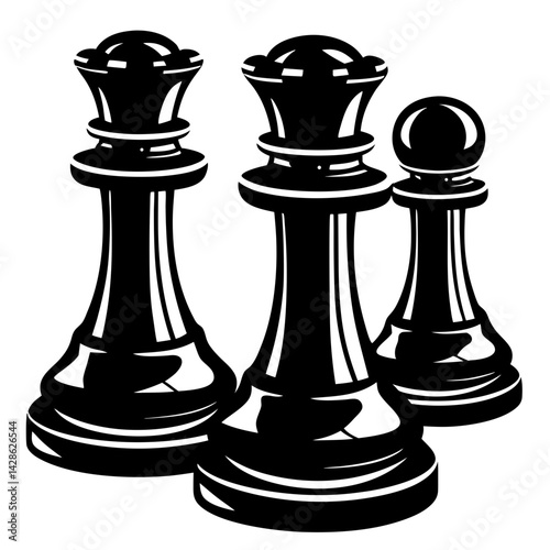 Black and White Chess Pieces Two Queens and a Pawn Illustration