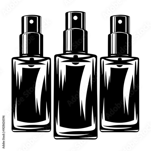 Three monochromatic spray bottles in a row are ready for use